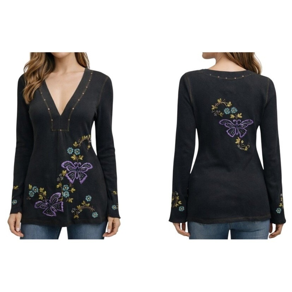 Y2K Soul Revival Embroider Floral Butterfly Black‎ Waffle Knit Deep V-Neck Top L